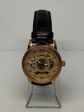 Stuhrling Original Skeleton Automatic Watch Rose Gold Case Black Leather Strap